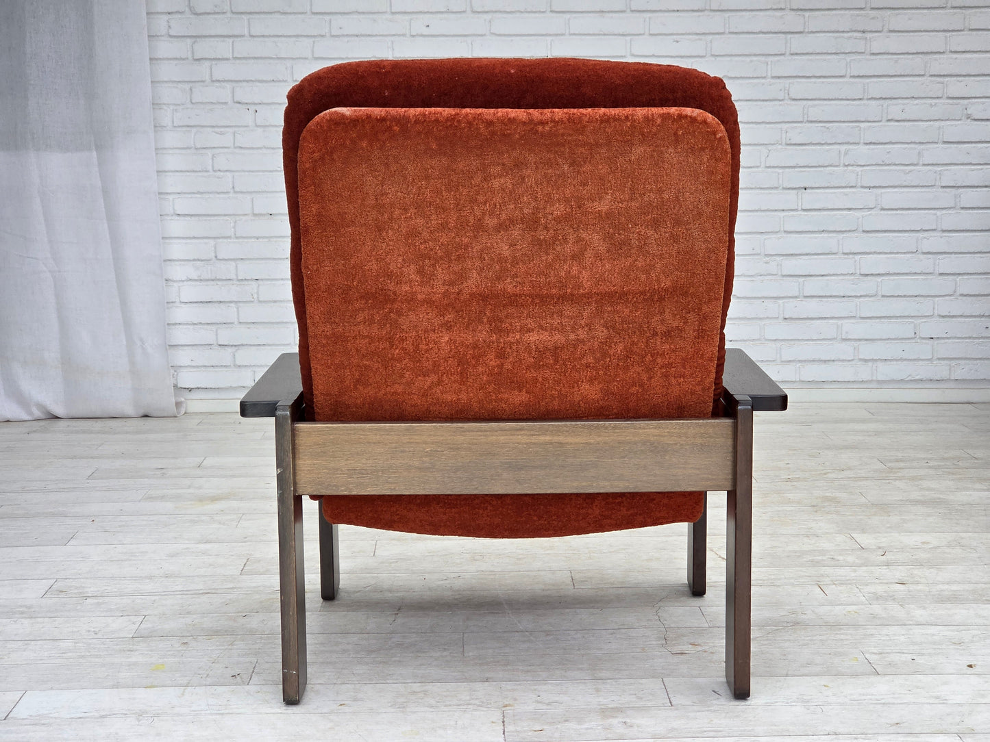 1970s, Danish armchair, orange/red furniture velour, dark oak wood.