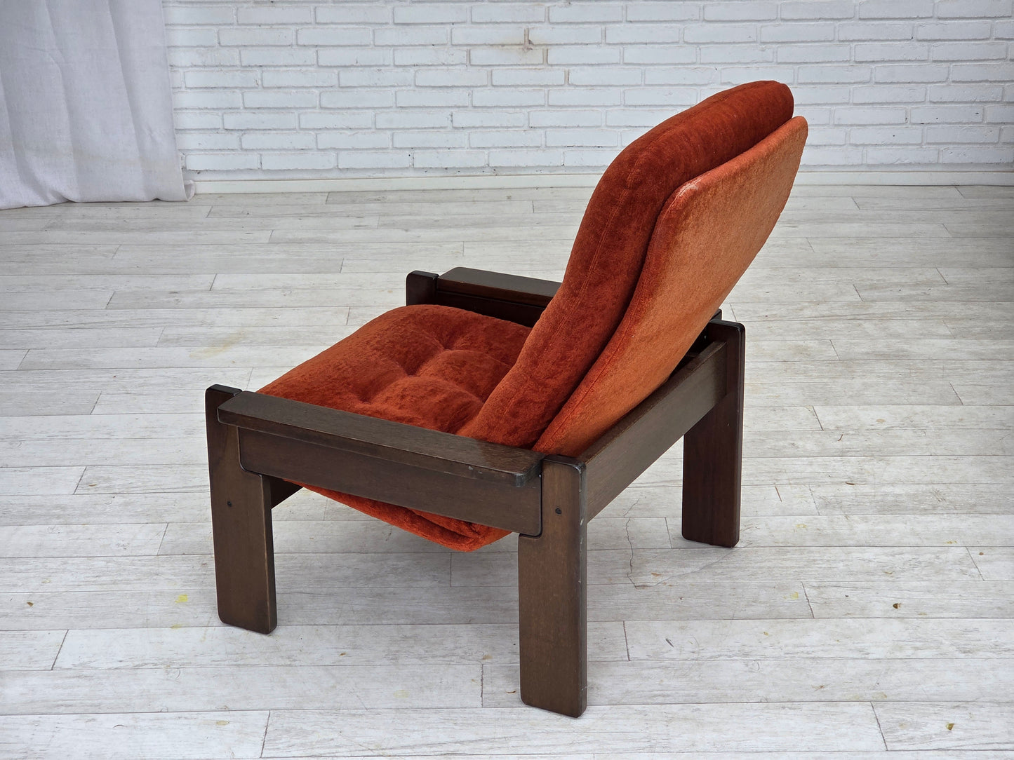 1970s, Danish armchair, orange/red furniture velour, dark oak wood.