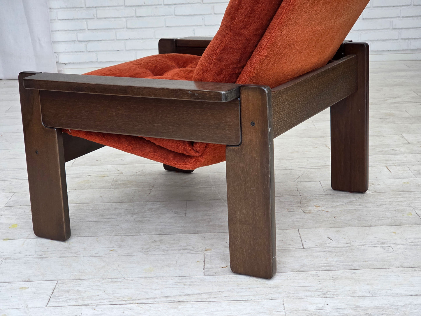 1970s, Danish armchair, orange/red furniture velour, dark oak wood.