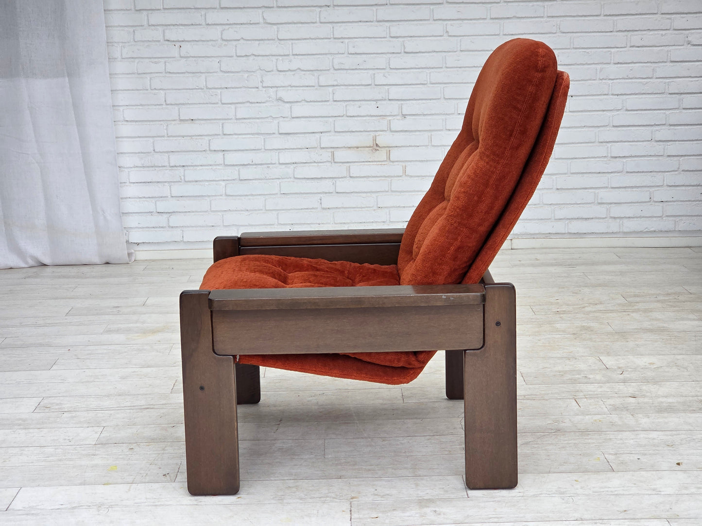 1970s, Danish armchair, orange/red furniture velour, dark oak wood.