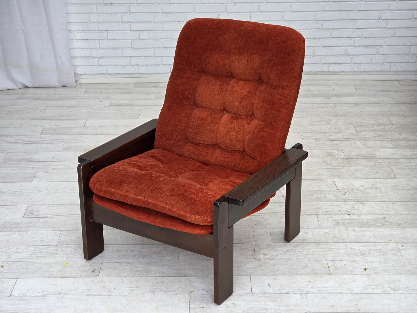 1970s, Danish armchair, orange/red furniture velour, dark oak wood.