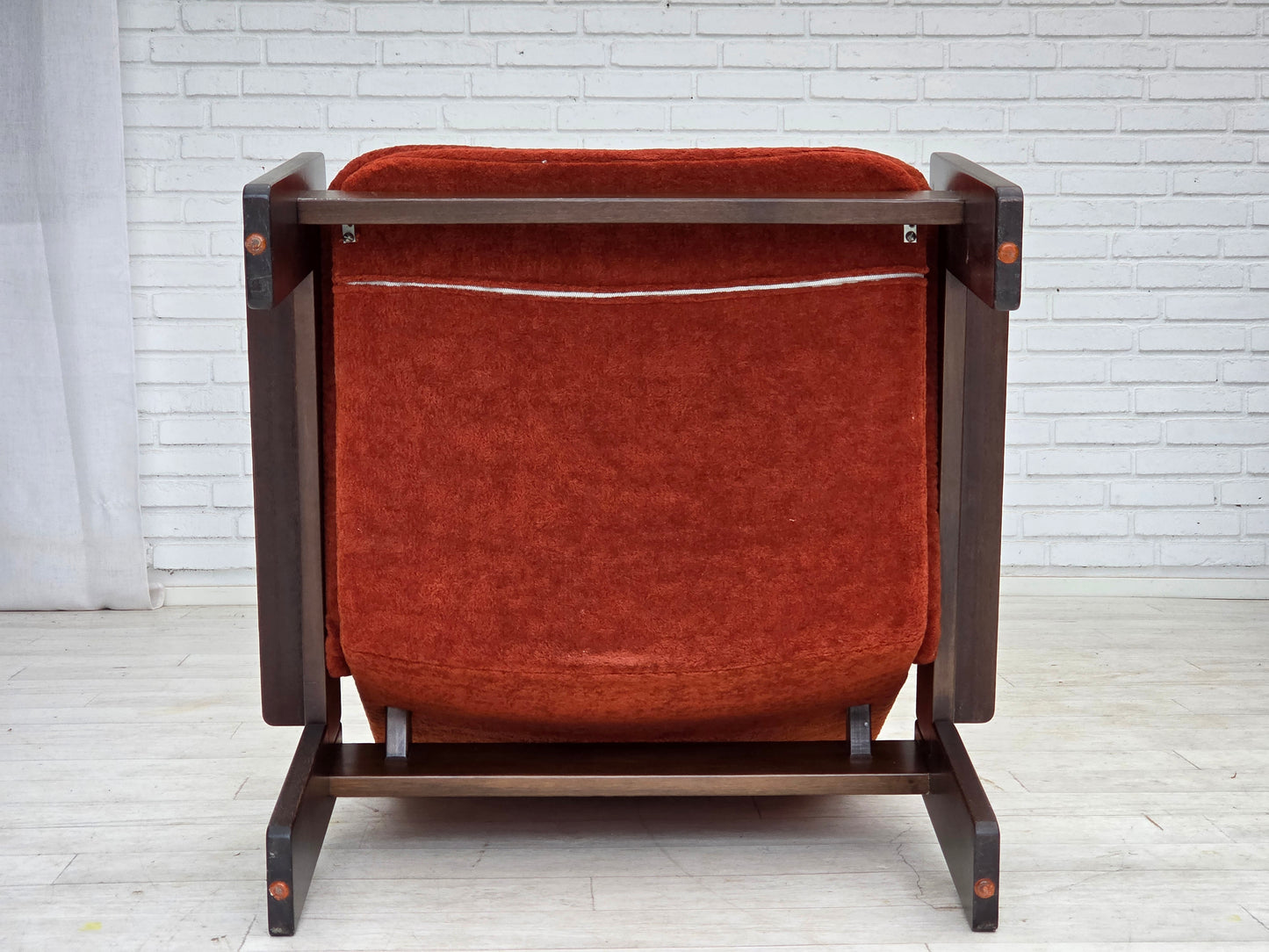 1970s, Danish armchair, orange/red furniture velour, dark oak wood.