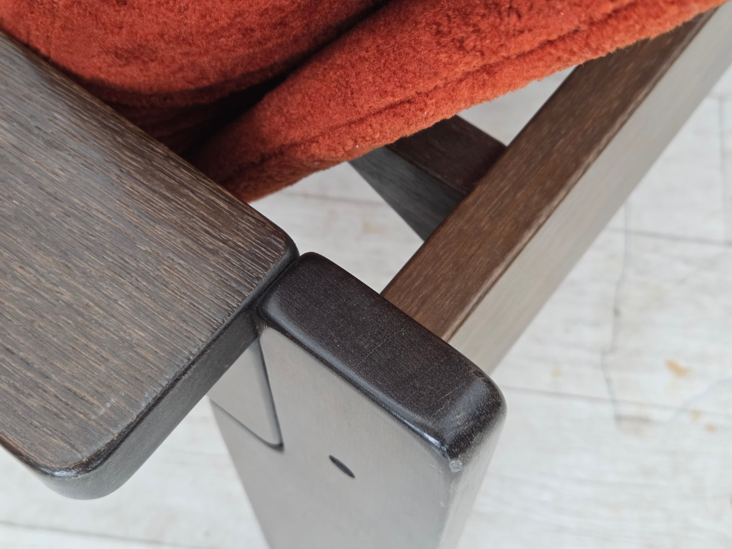 1970s, Danish armchair, orange/red furniture velour, dark oak wood.