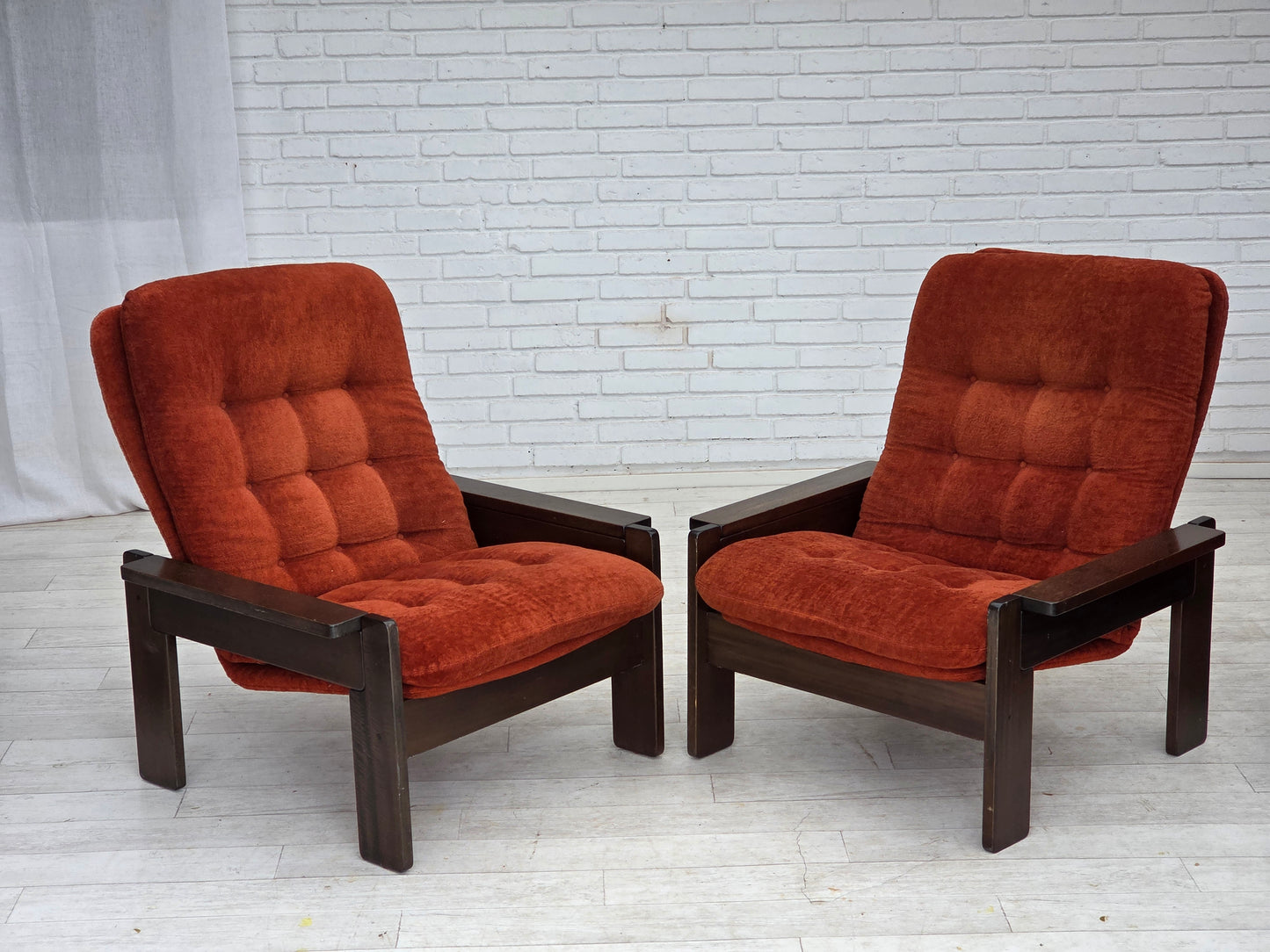 1970s, Danish armchair, orange/red furniture velour, dark oak wood.