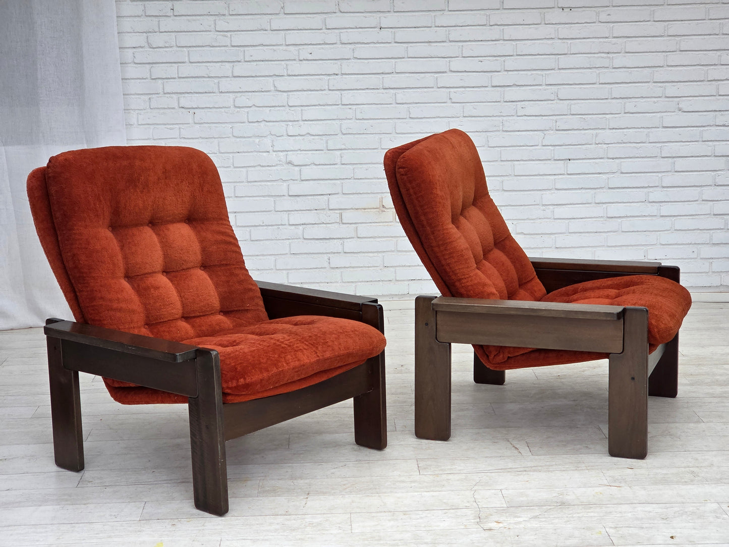 1970s, Danish armchair, orange/red furniture velour, dark oak wood.