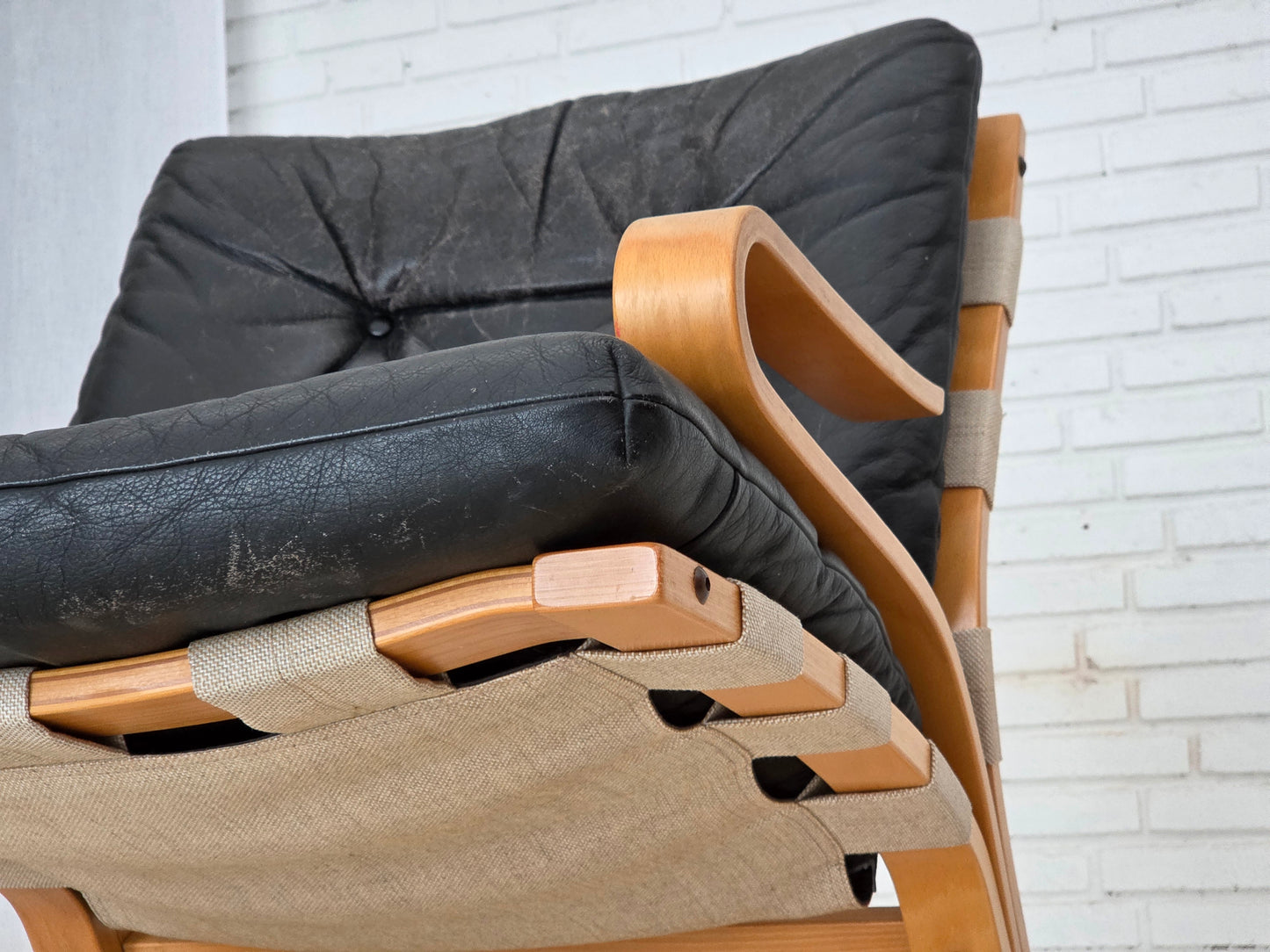 1970s, Norwegian design, armchair model "Kengu", leather, bent wood.