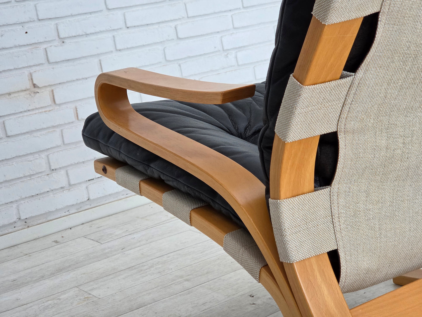 1970s, Norwegian design, armchair model "Kengu", leather, bent wood.