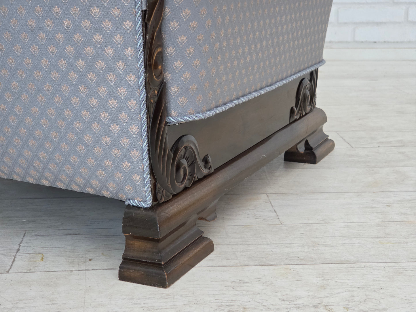 1950s, Danish armchair, furniture fabric, carved oak wood.