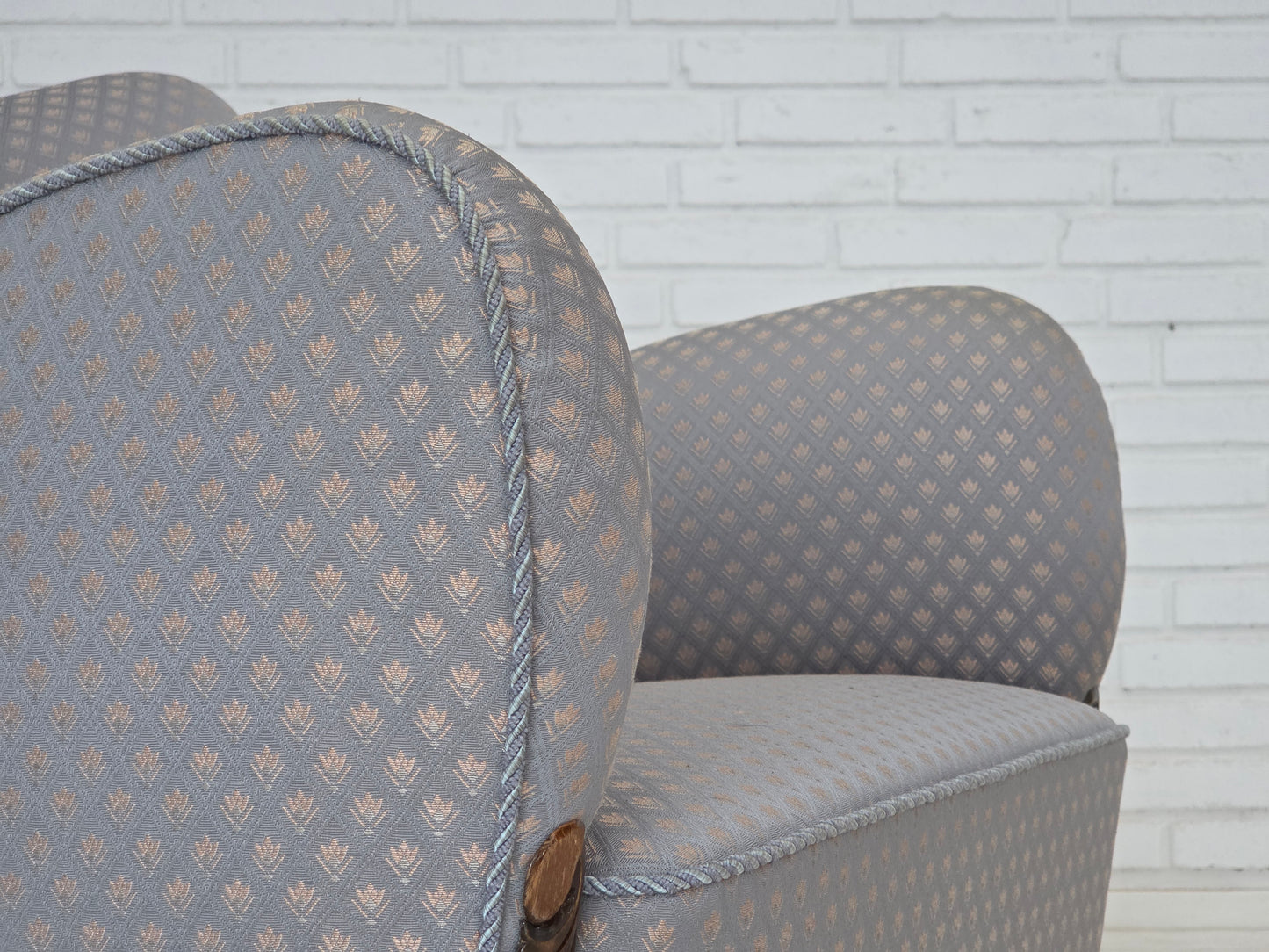 1950s, Danish armchair, furniture fabric, carved oak wood.