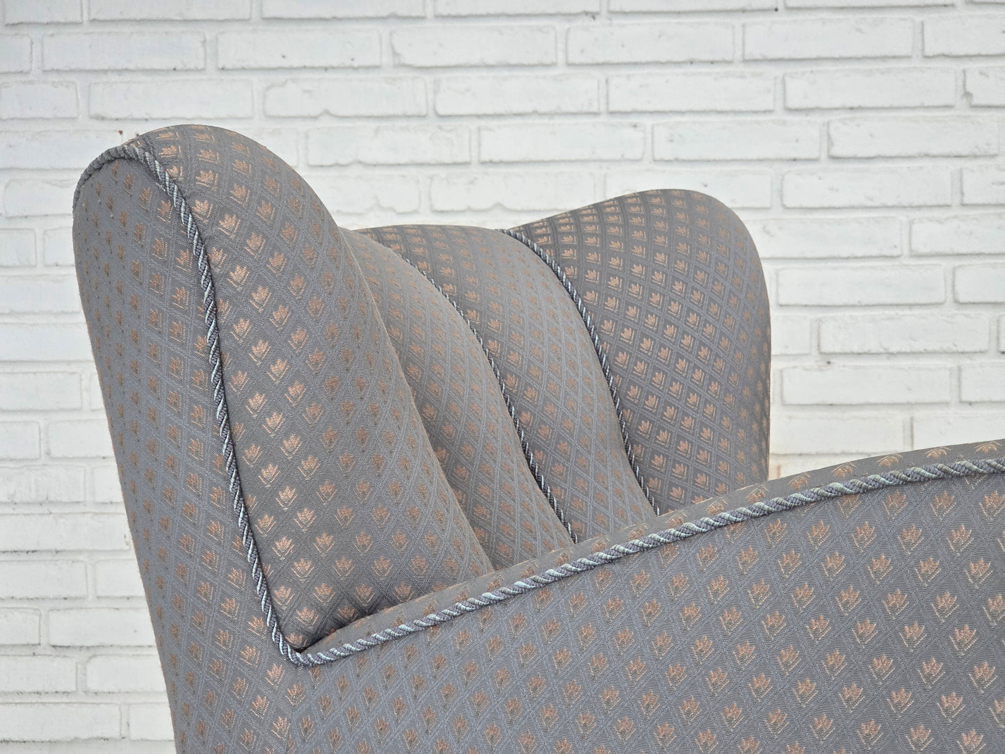 1950s, Danish armchair, furniture fabric, carved oak wood.