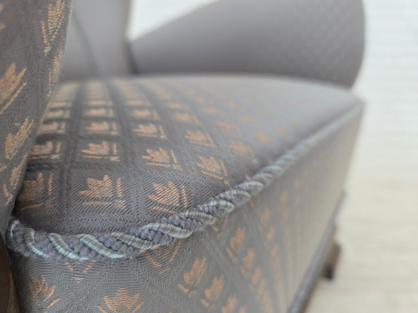 1950s, Danish armchair, furniture fabric, carved oak wood.