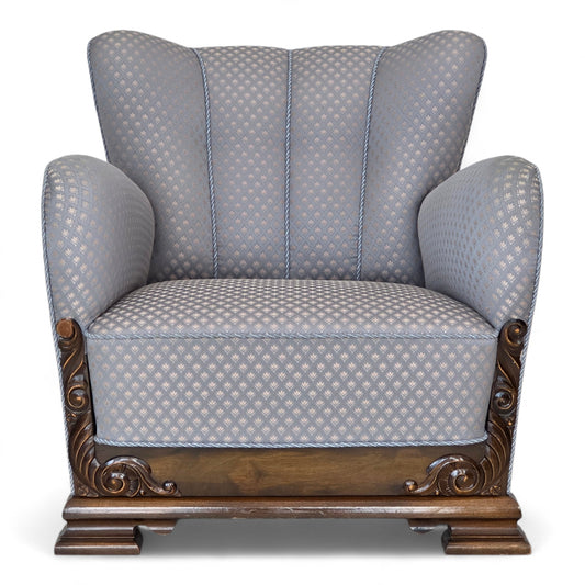 1950s, Danish armchair, furniture fabric, carved oak wood.