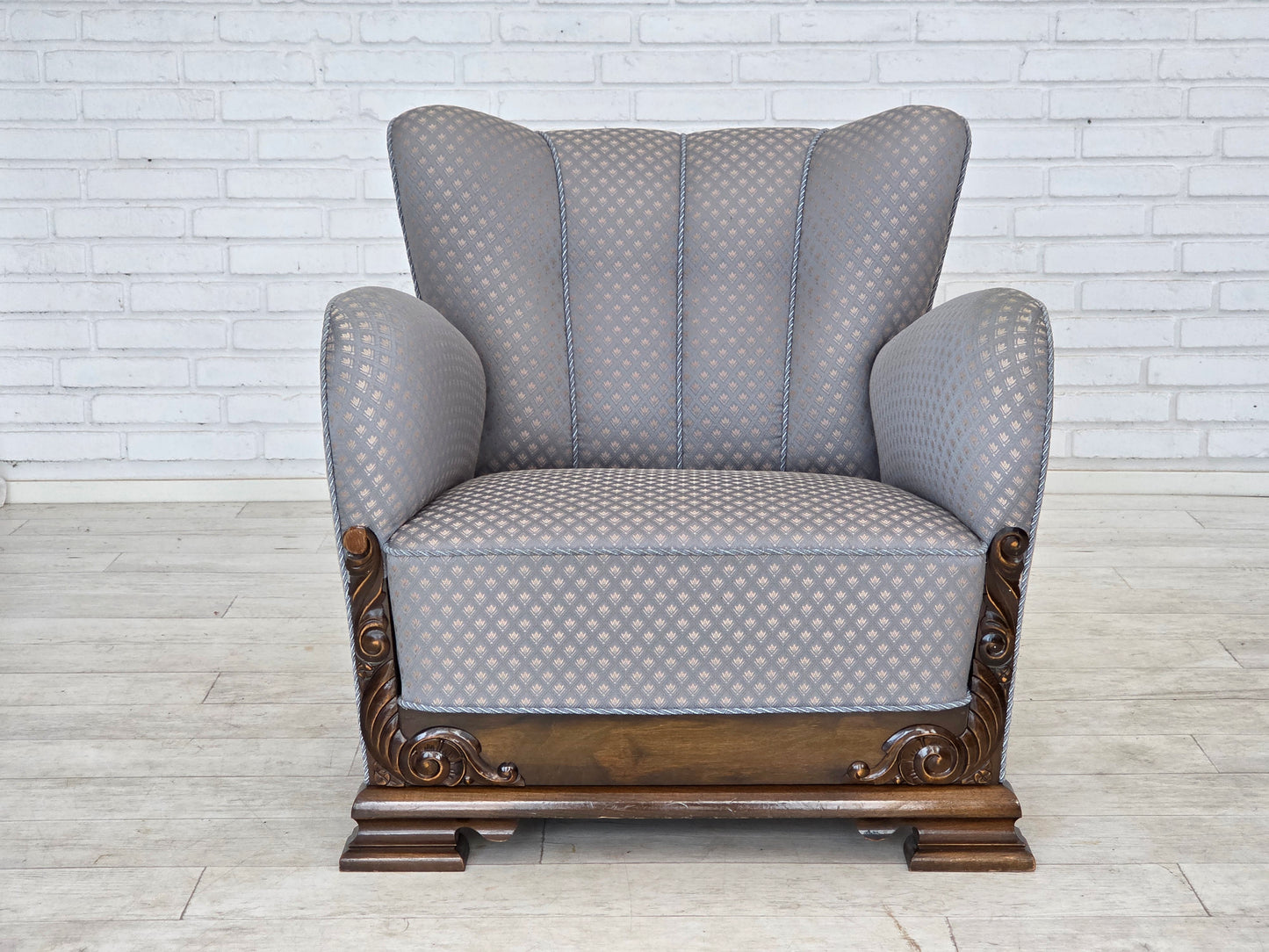 1950s, Danish armchair, furniture fabric, carved oak wood.