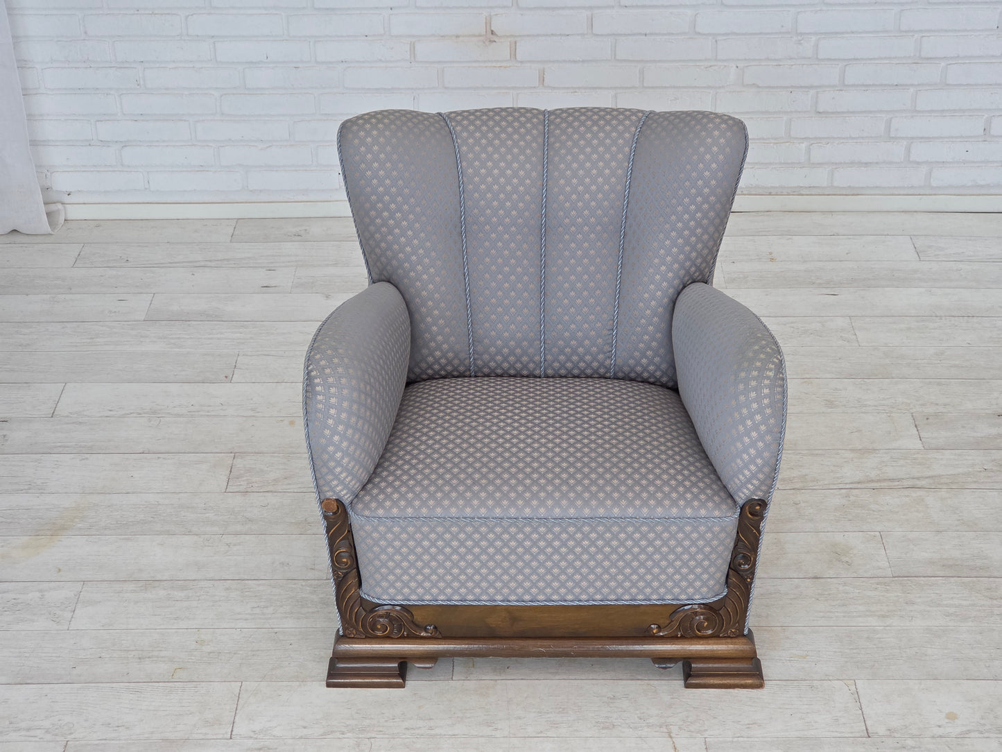 1950s, Danish armchair, furniture fabric, carved oak wood.