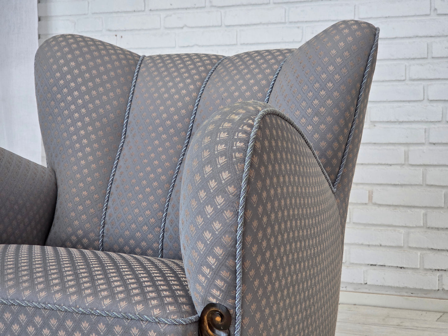 1950s, Danish armchair, furniture fabric, carved oak wood.