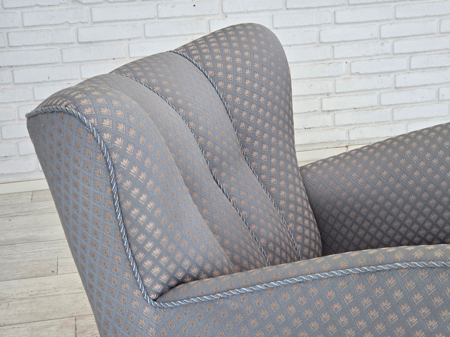 1950s, Danish armchair, furniture fabric, carved oak wood.