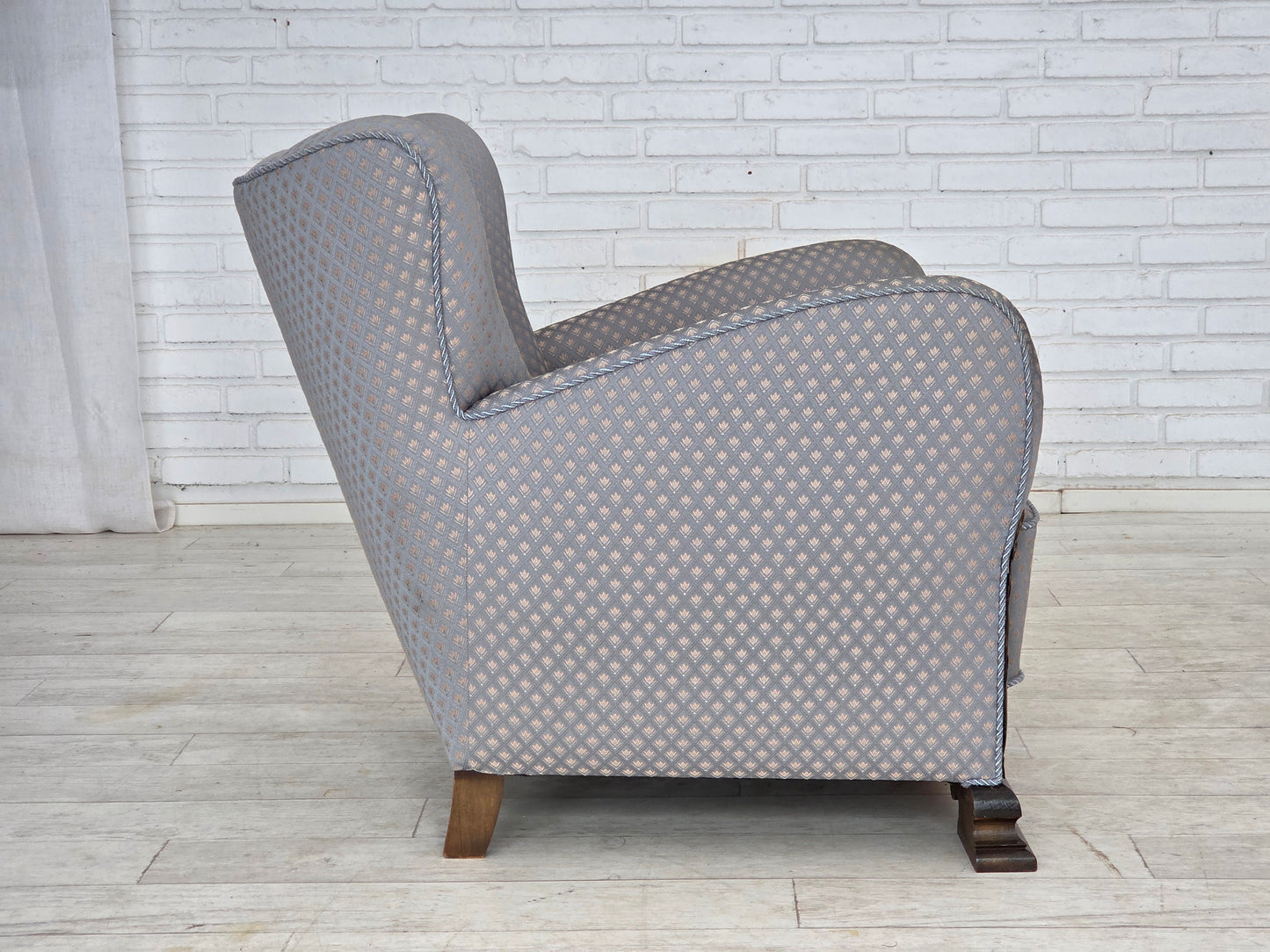 1950s, Danish armchair, furniture fabric, carved oak wood.