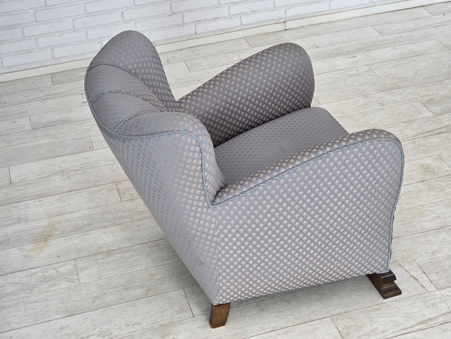 1950s, Danish armchair, furniture fabric, carved oak wood.