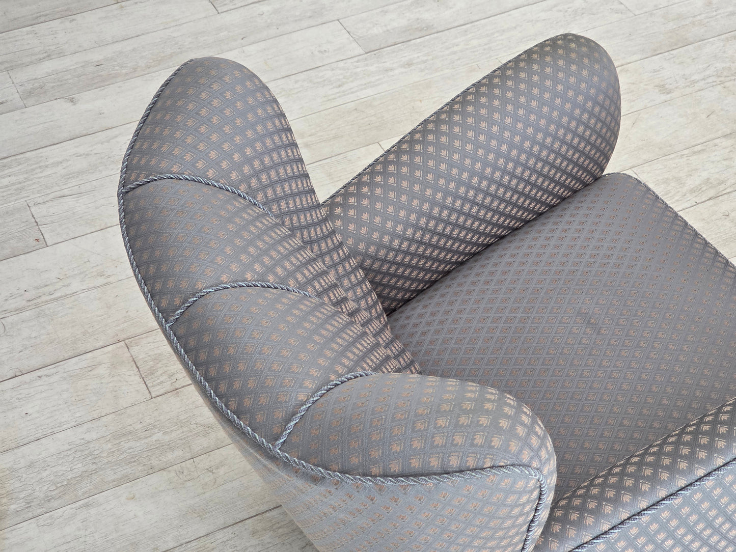 1950s, Danish armchair, furniture fabric, carved oak wood.