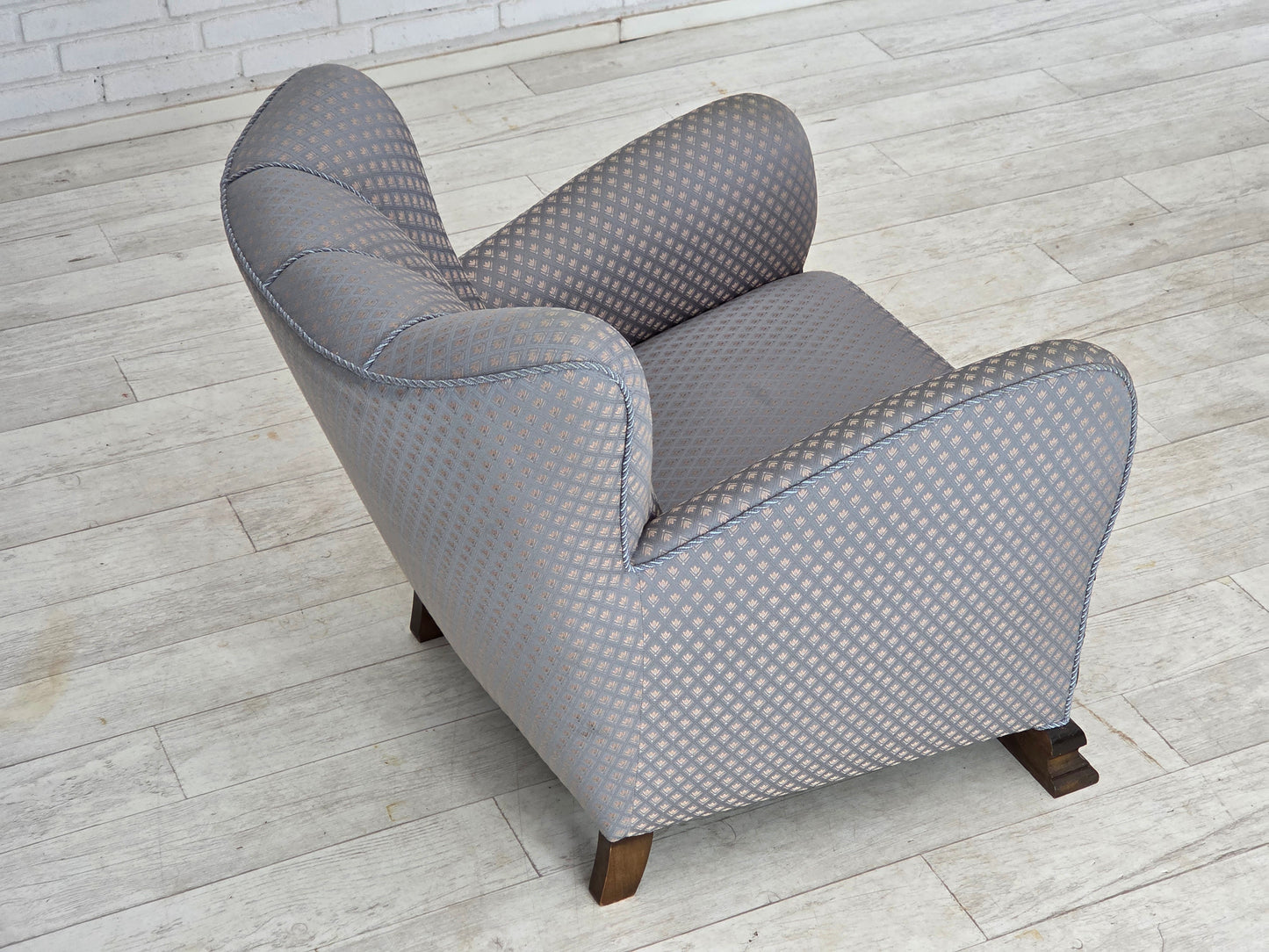 1950s, Danish armchair, furniture fabric, carved oak wood.