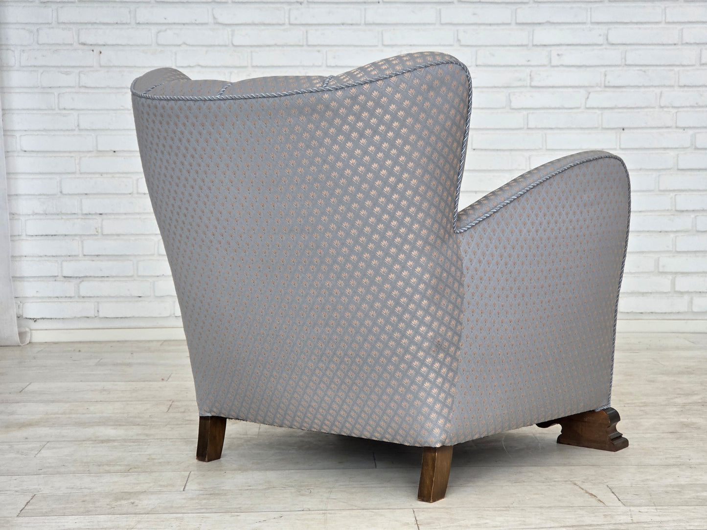 1950s, Danish armchair, furniture fabric, carved oak wood.