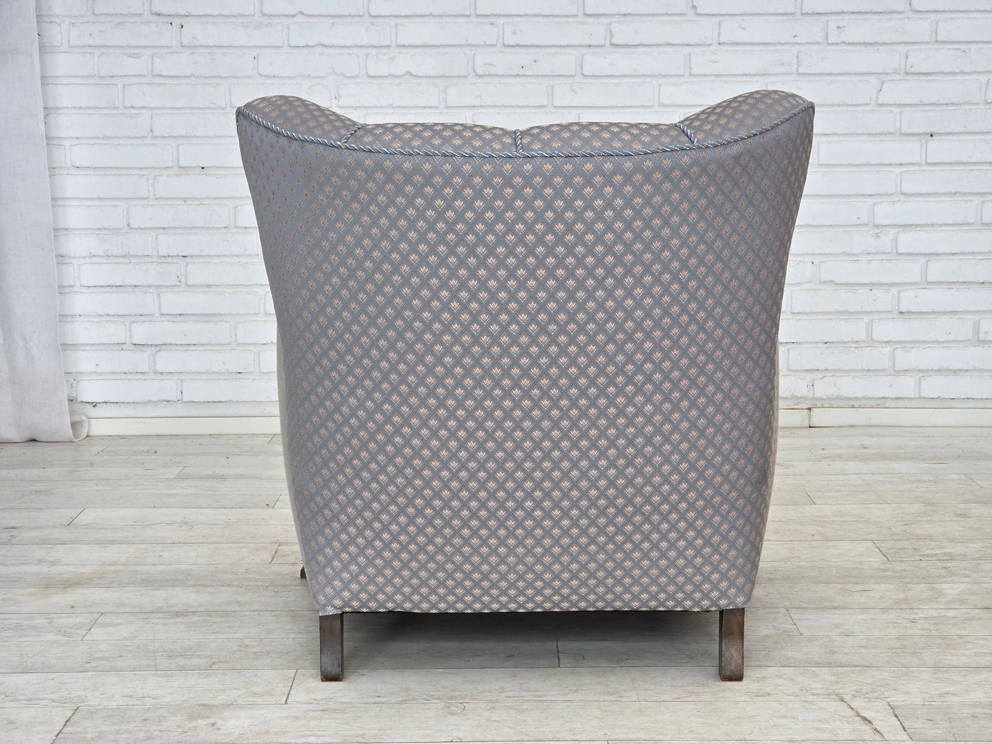1950s, Danish armchair, furniture fabric, carved oak wood.