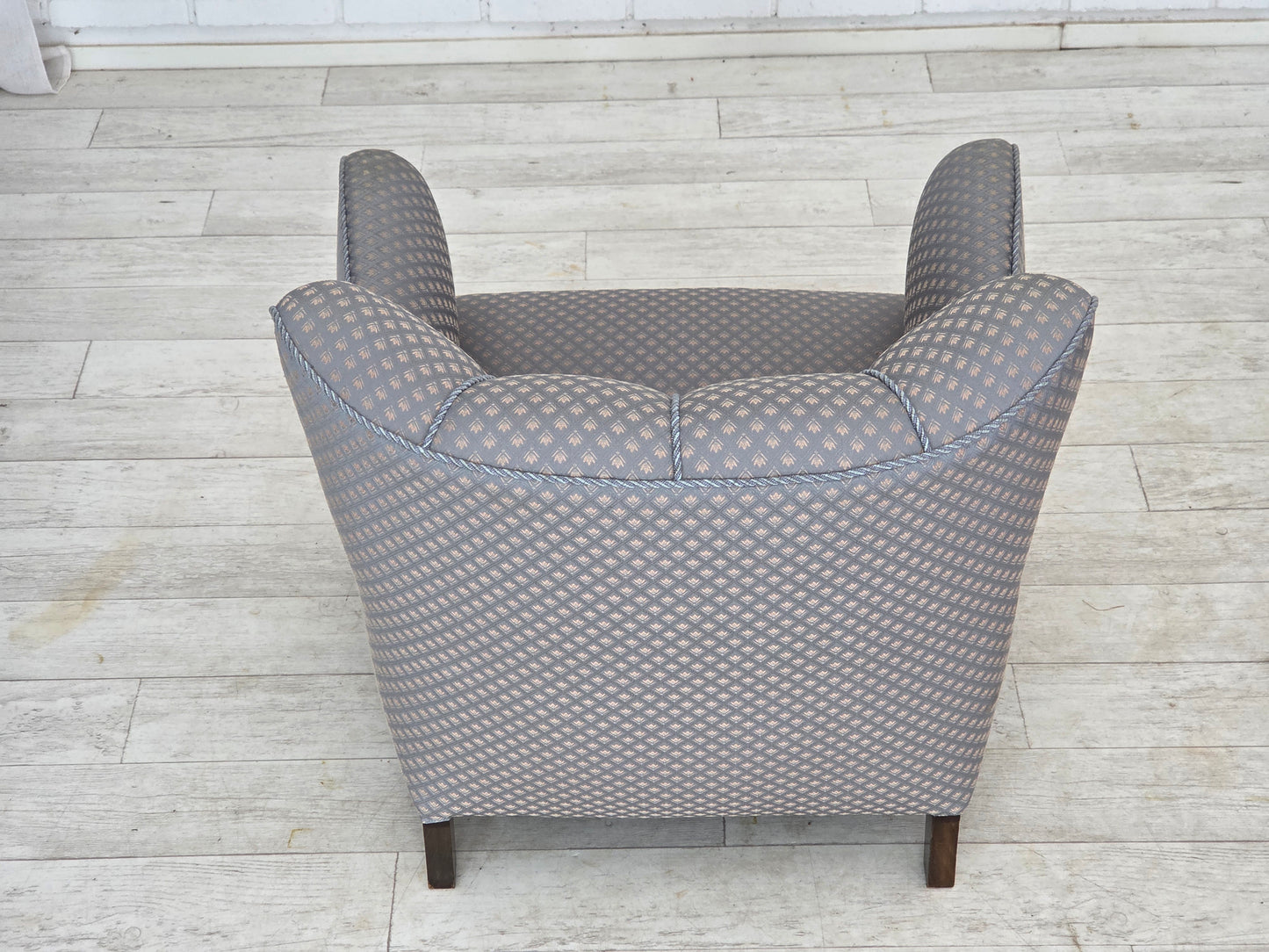 1950s, Danish armchair, furniture fabric, carved oak wood.