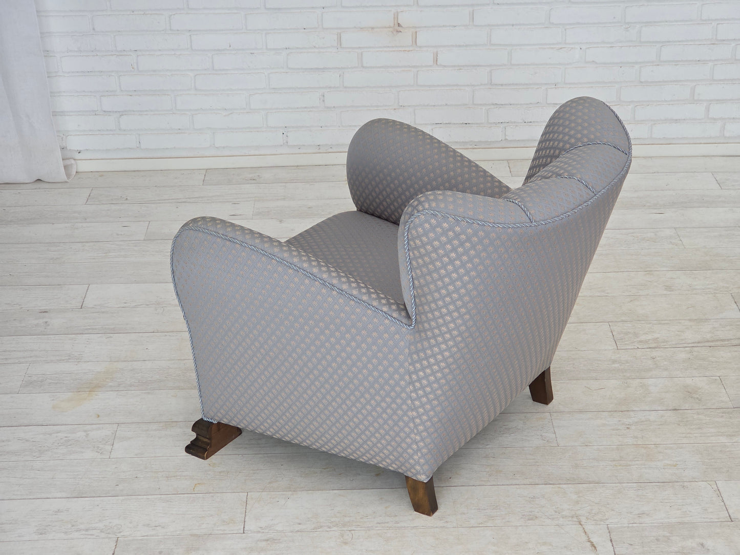 1950s, Danish armchair, furniture fabric, carved oak wood.