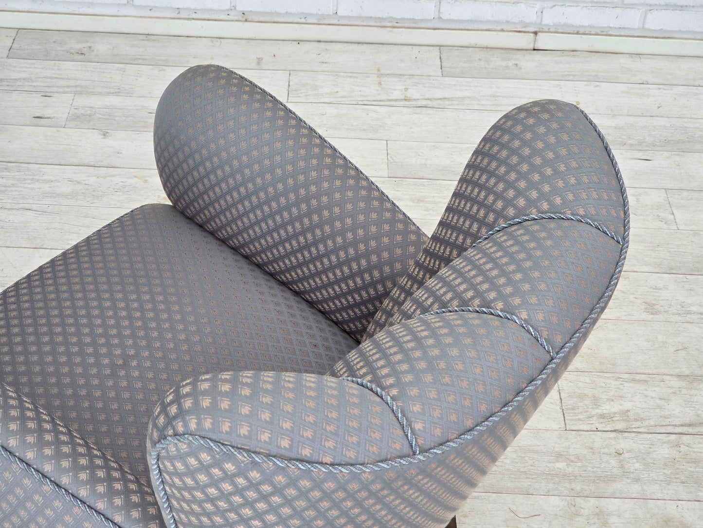 1950s, Danish armchair, furniture fabric, carved oak wood.