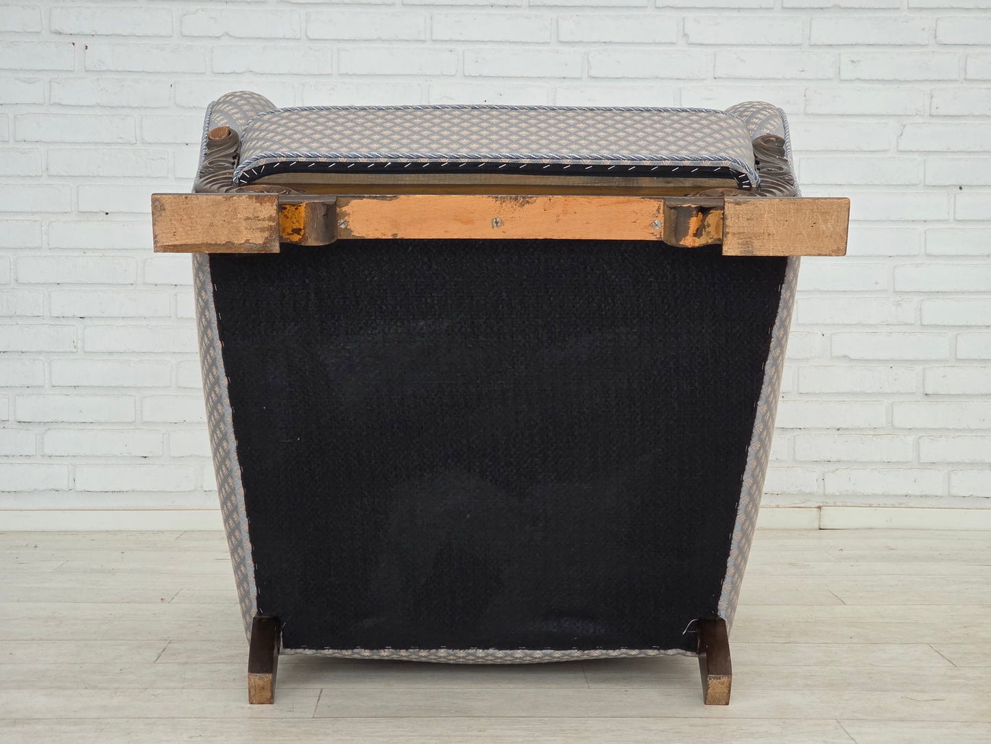 1950s, Danish armchair, furniture fabric, carved oak wood.