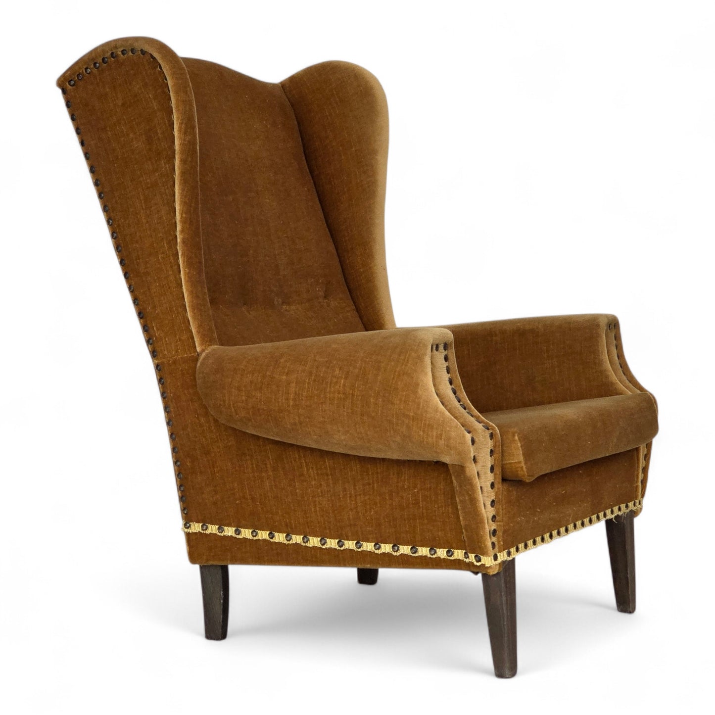 1970s, Danish high back armchair, furniture velour, oak wood legs.