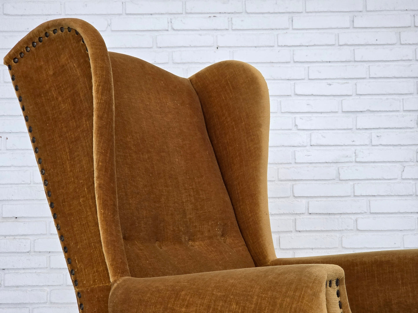 1970s, Danish high back armchair, furniture velour, oak wood legs.