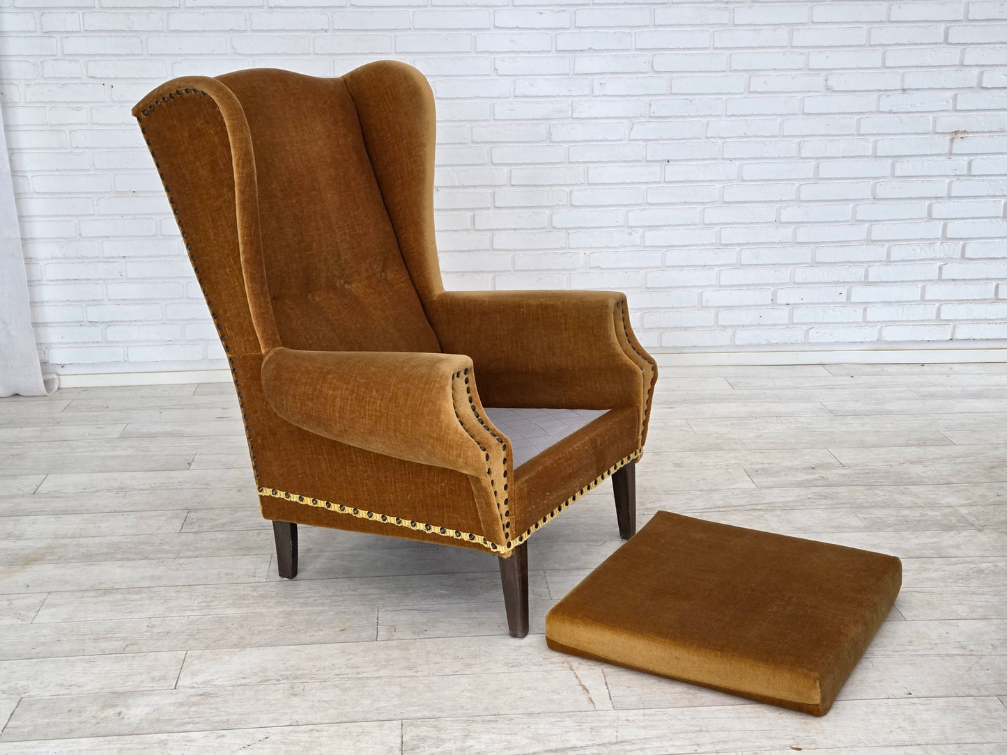 1970s, Danish high back armchair, furniture velour, oak wood legs.