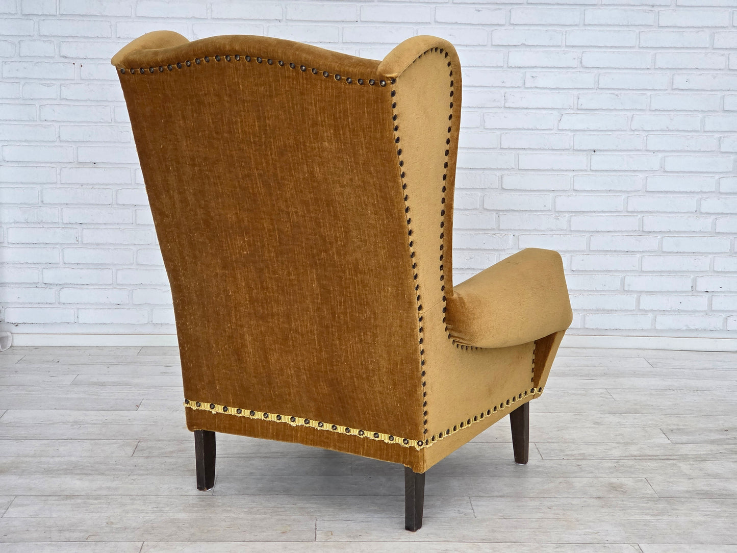 1970s, Danish high back armchair, furniture velour, oak wood legs.