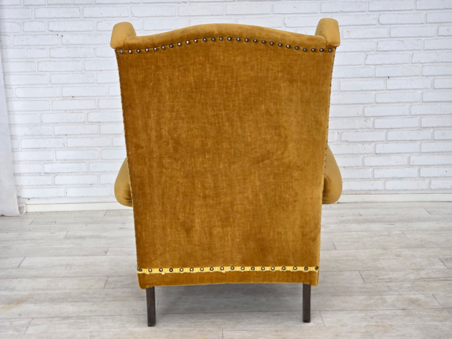 1970s, Danish high back armchair, furniture velour, oak wood legs.