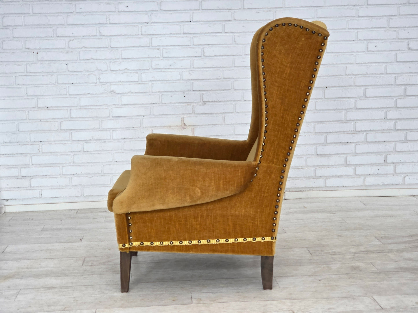 1970s, Danish high back armchair, furniture velour, oak wood legs.