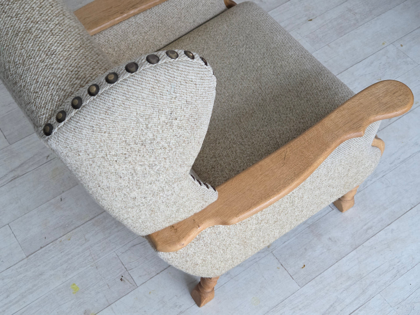 1970s, Danish highback armchair, furniture wool, solid oak wood.