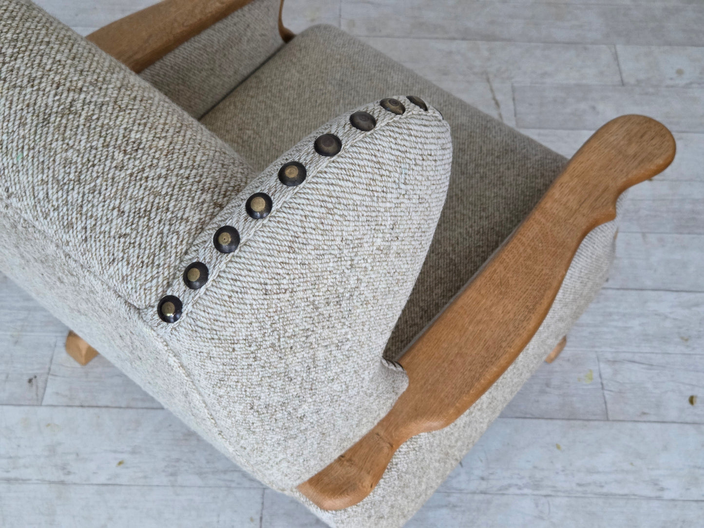 1970s, Danish highback armchair, furniture wool, solid oak wood.