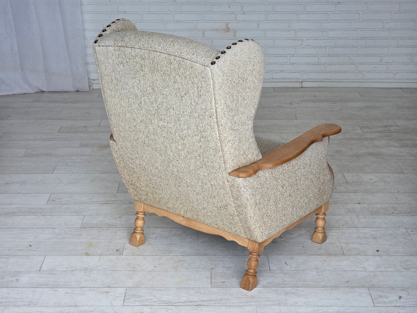1970s, Danish highback armchair, furniture wool, solid oak wood.