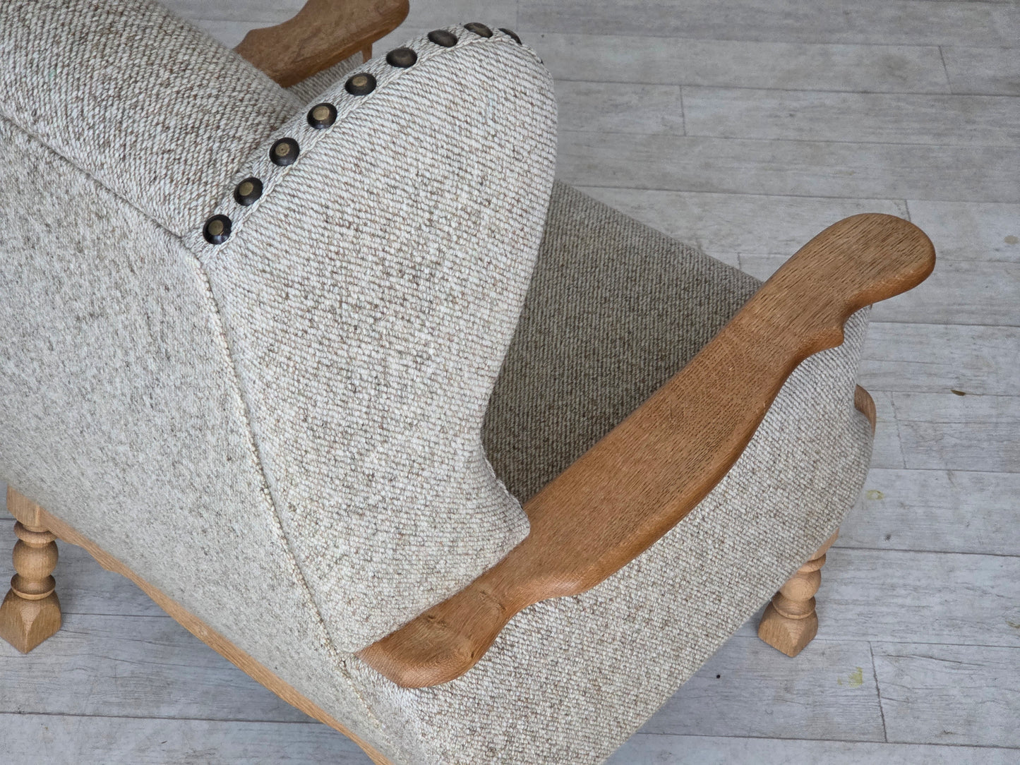 1970s, Danish highback armchair, furniture wool, solid oak wood.