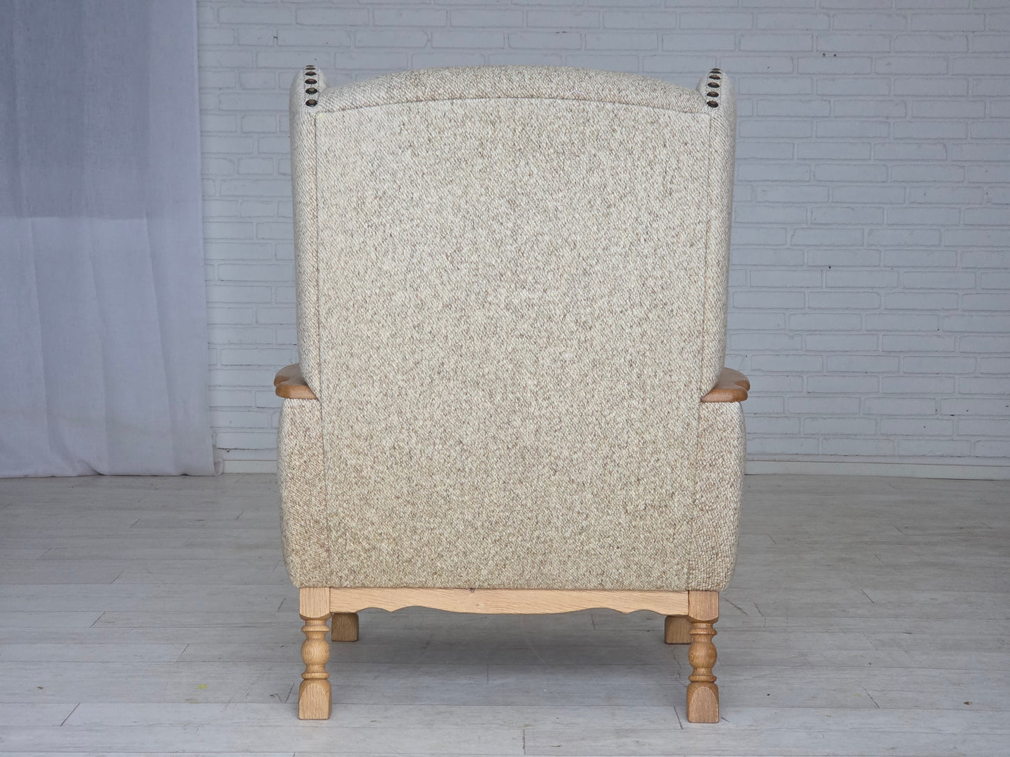 1970s, Danish highback armchair, furniture wool, solid oak wood.