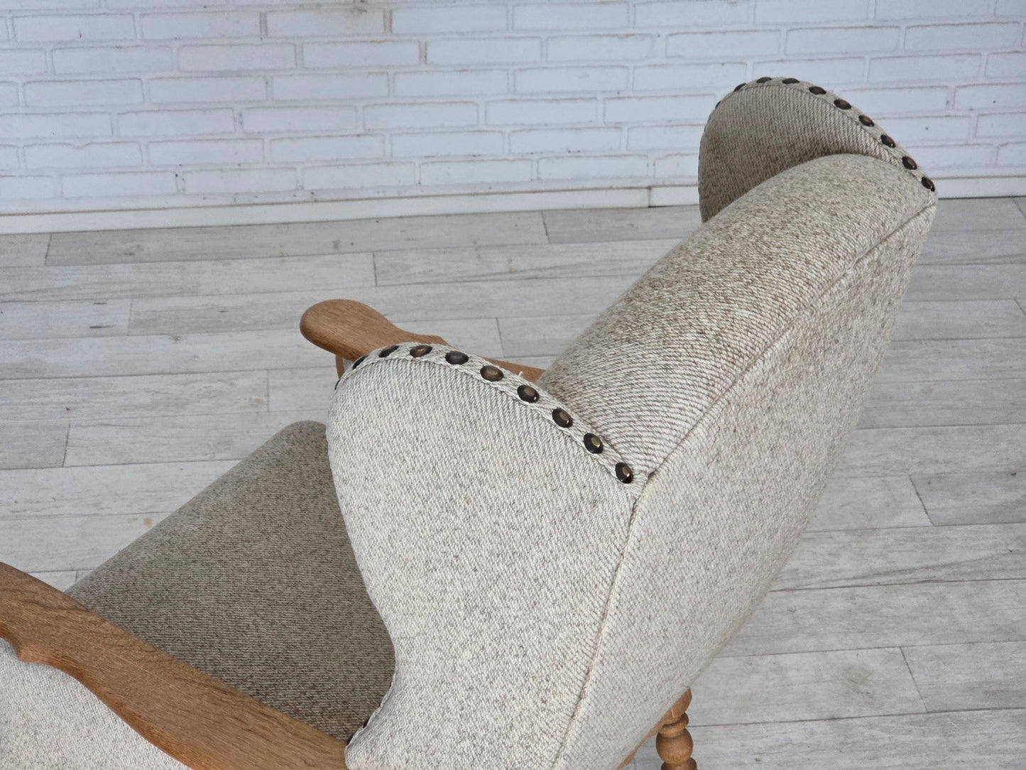 1970s, Danish highback armchair, furniture wool, solid oak wood.