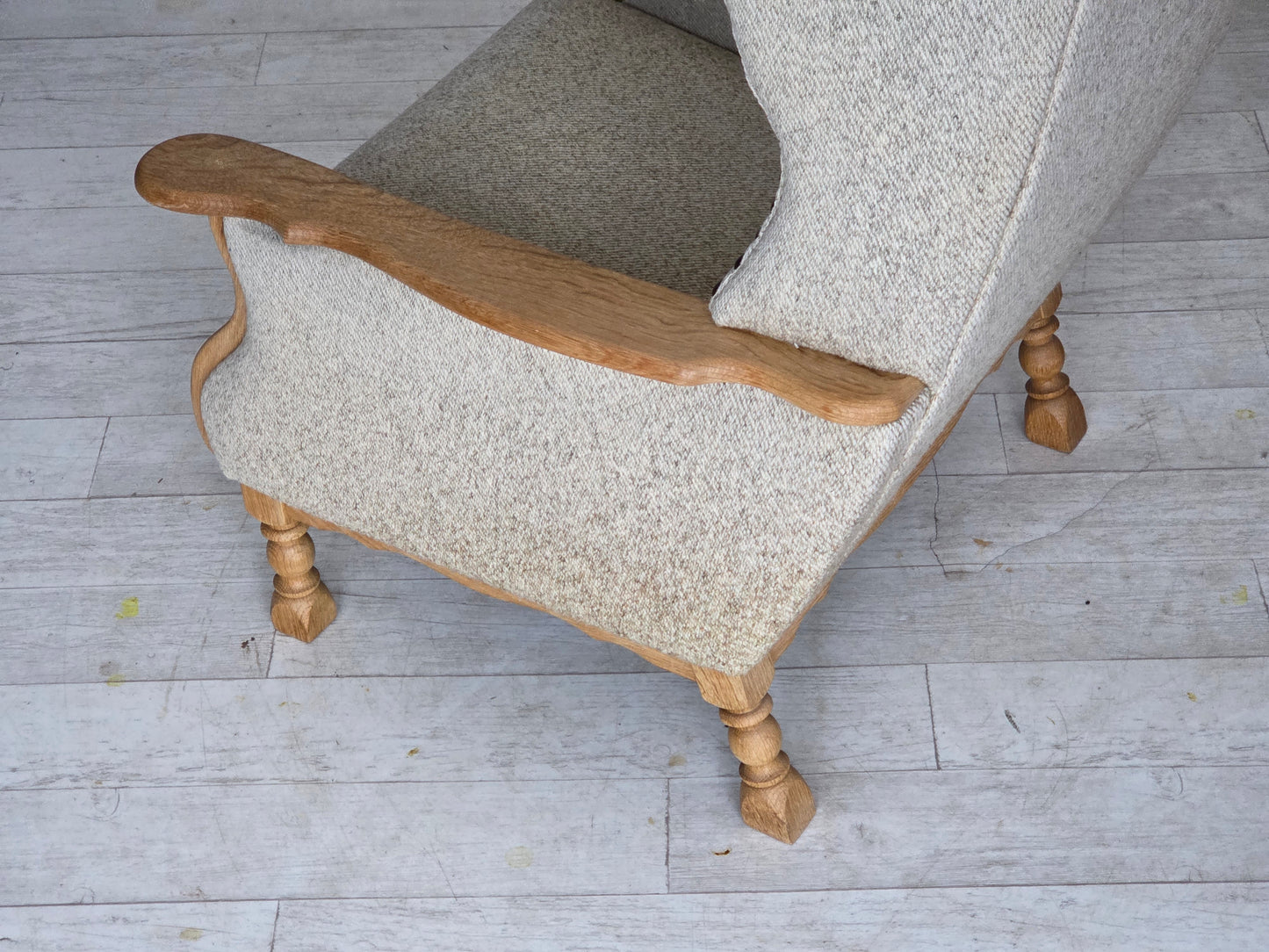 1970s, Danish highback armchair, furniture wool, solid oak wood.