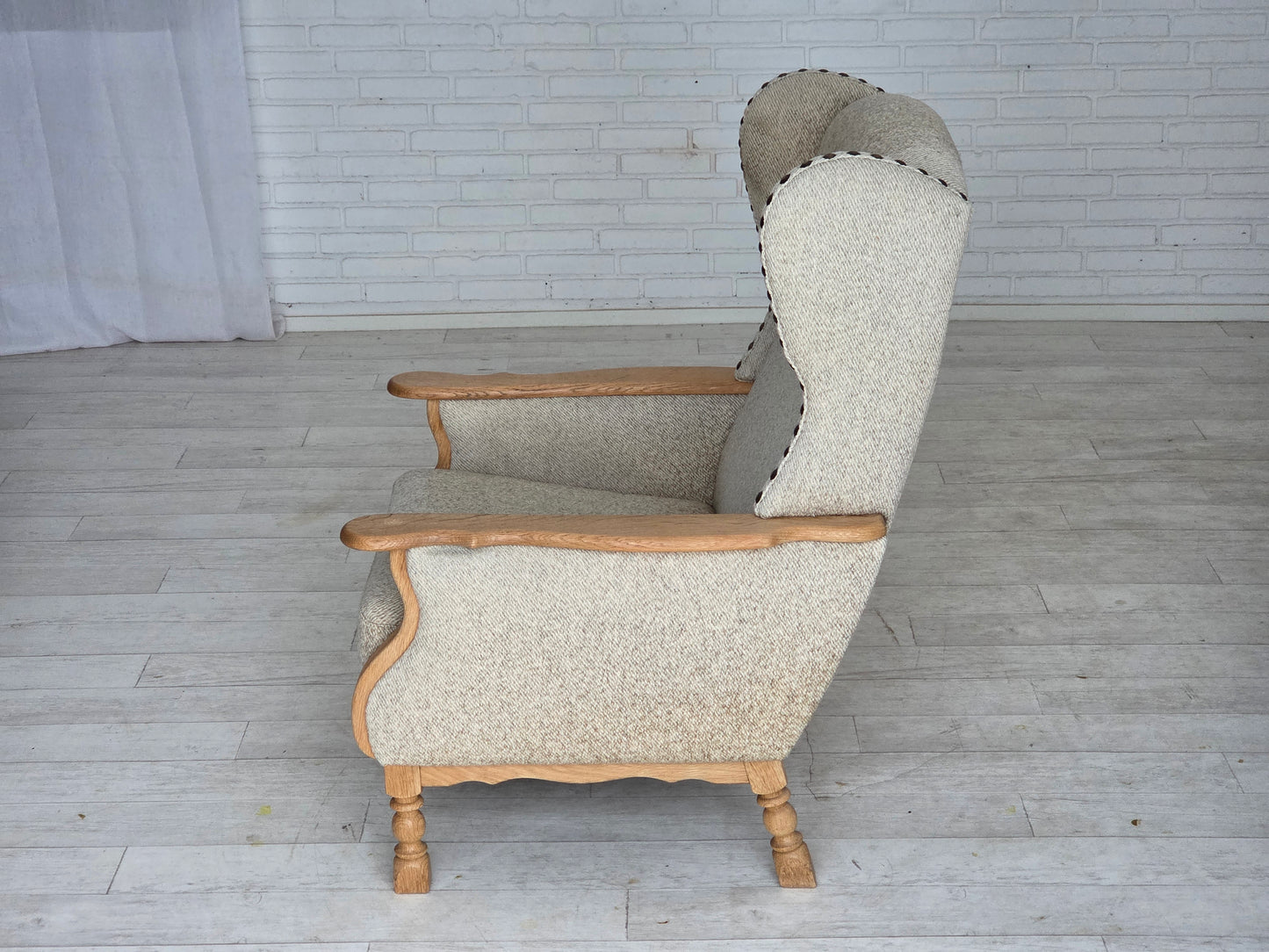 1970s, Danish highback armchair, furniture wool, solid oak wood.