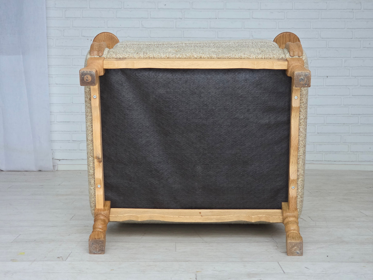 1970s, Danish highback armchair, furniture wool, solid oak wood.
