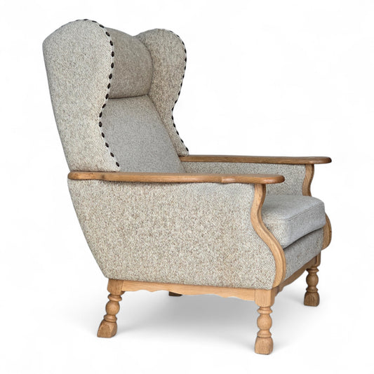 1970s, Danish highback armchair, furniture wool, solid oak wood.