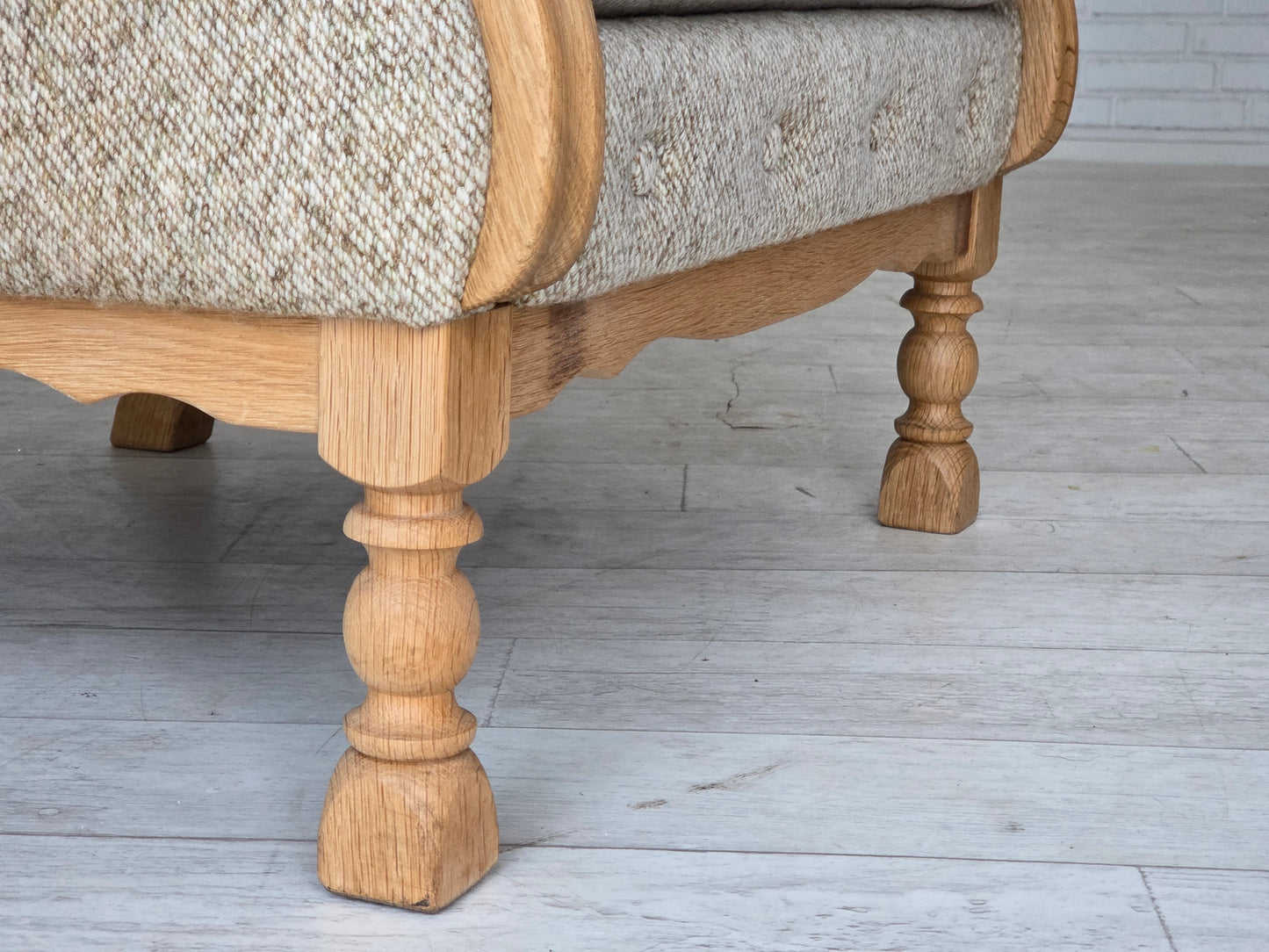 1970s, Danish highback armchair, furniture wool, solid oak wood.