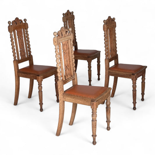 1930s, set of 4 Danish dining chairs, carved oak wood, furniture leather.