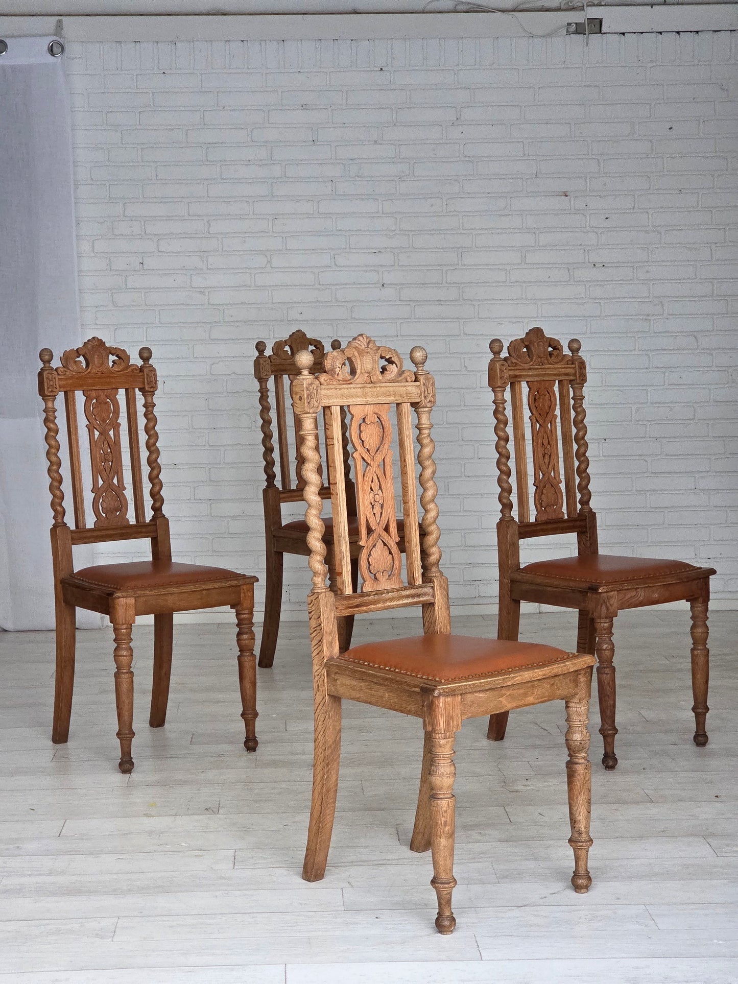 1930s, set of 4 Danish dining chairs, carved oak wood, furniture leather.