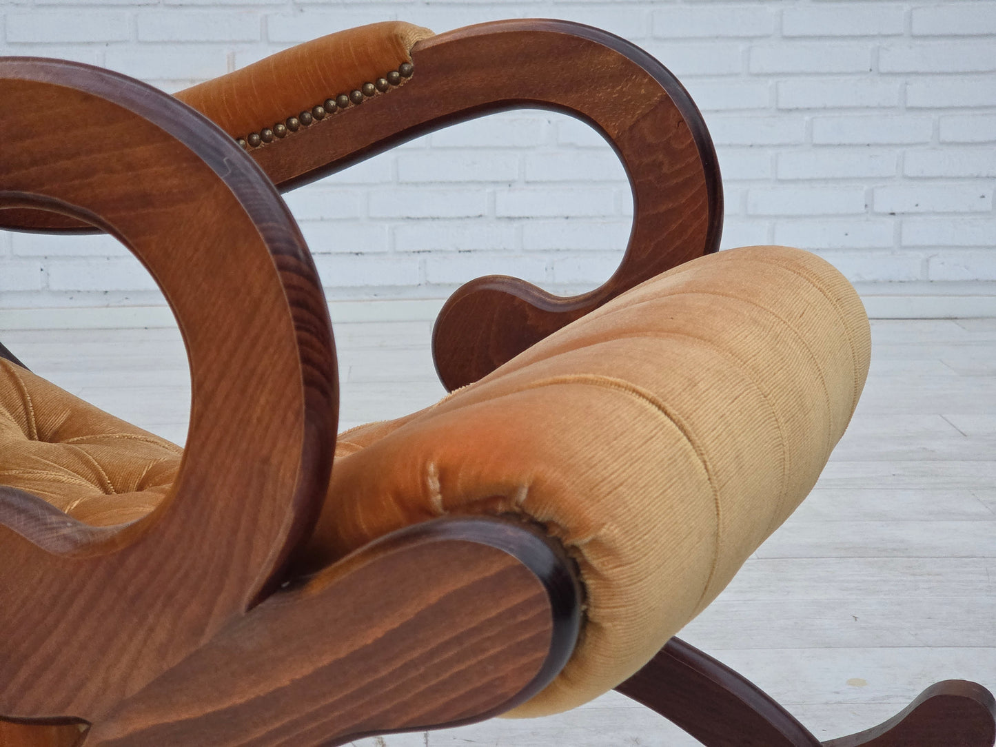 1960s, Scandinavian rocking chair, furniture velour, dark beech wood.